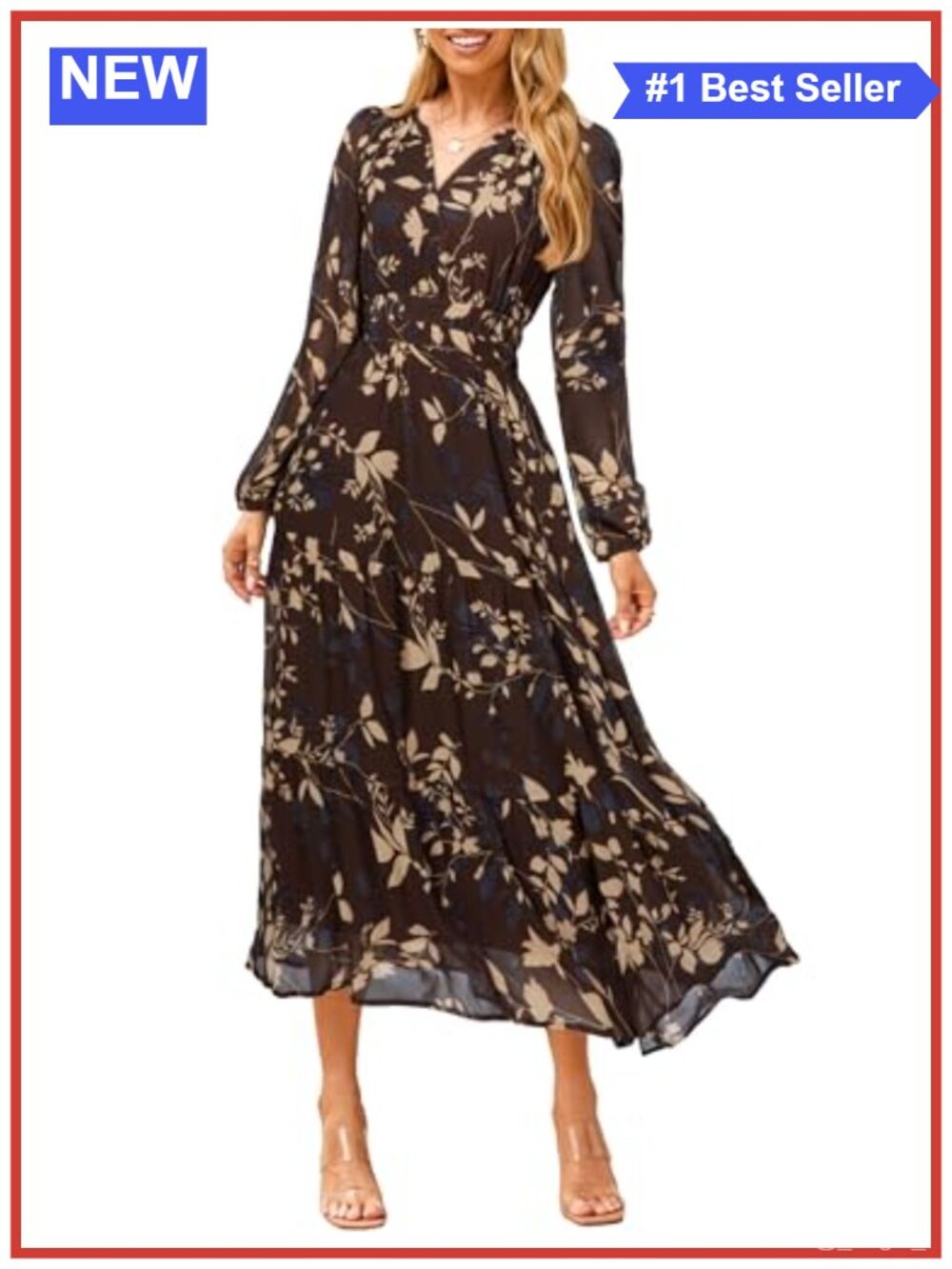 Women's Floral Boho Long Sleeve Maxi Dress V Neck Empire Waist Swing Flow